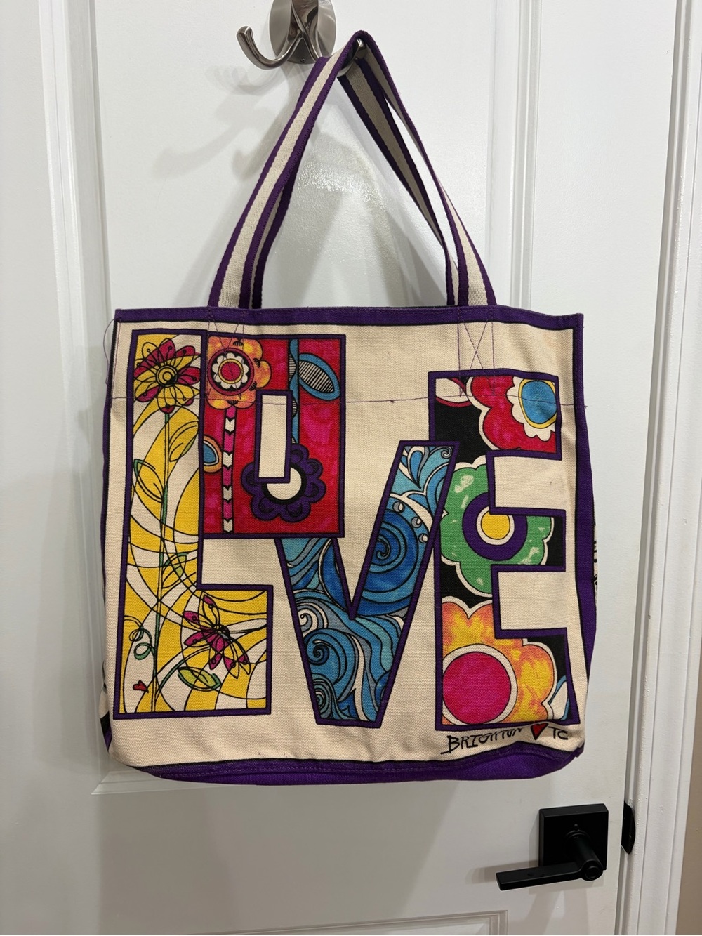 Brighton Multicolor 'LOVE' Canvas Tote with Purple Trim